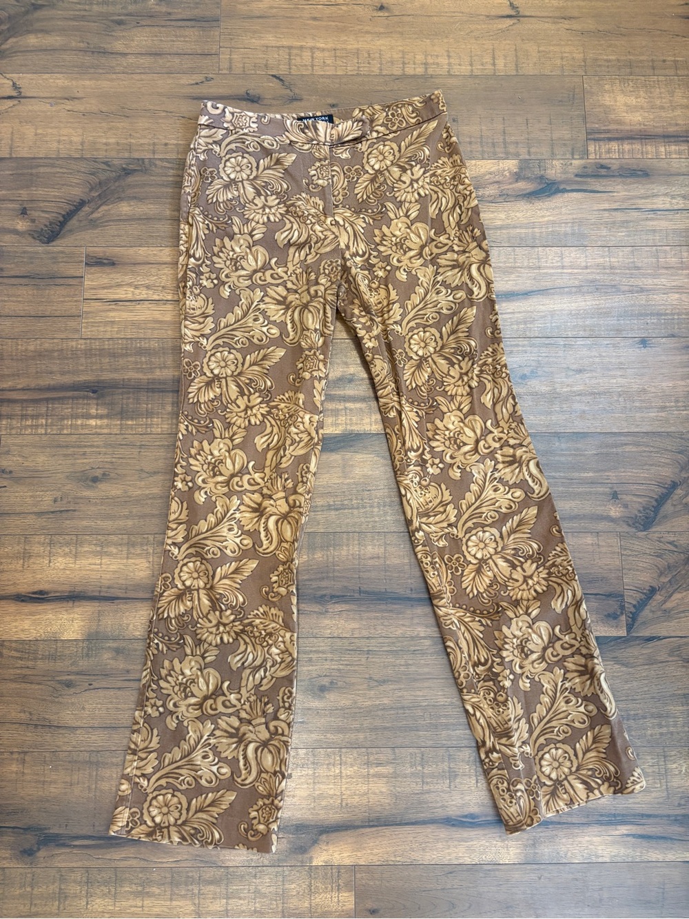 Vintage New York & Company Pants 4 Brown Baroque Floral Damask Straight Leg Y2K